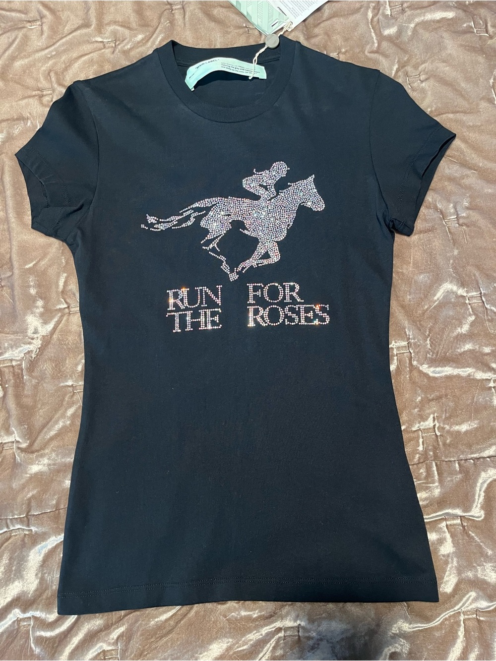 Women 'Run for the Roses' Rhinestone Horse T-Shirt - Black
